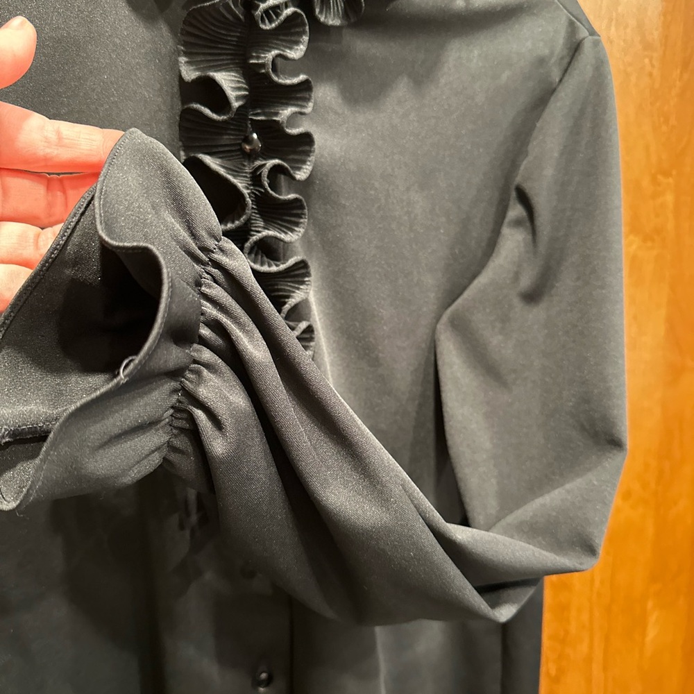 VINTAGE Black Ruffled Button-Up Blouse - Picture 2 of 5